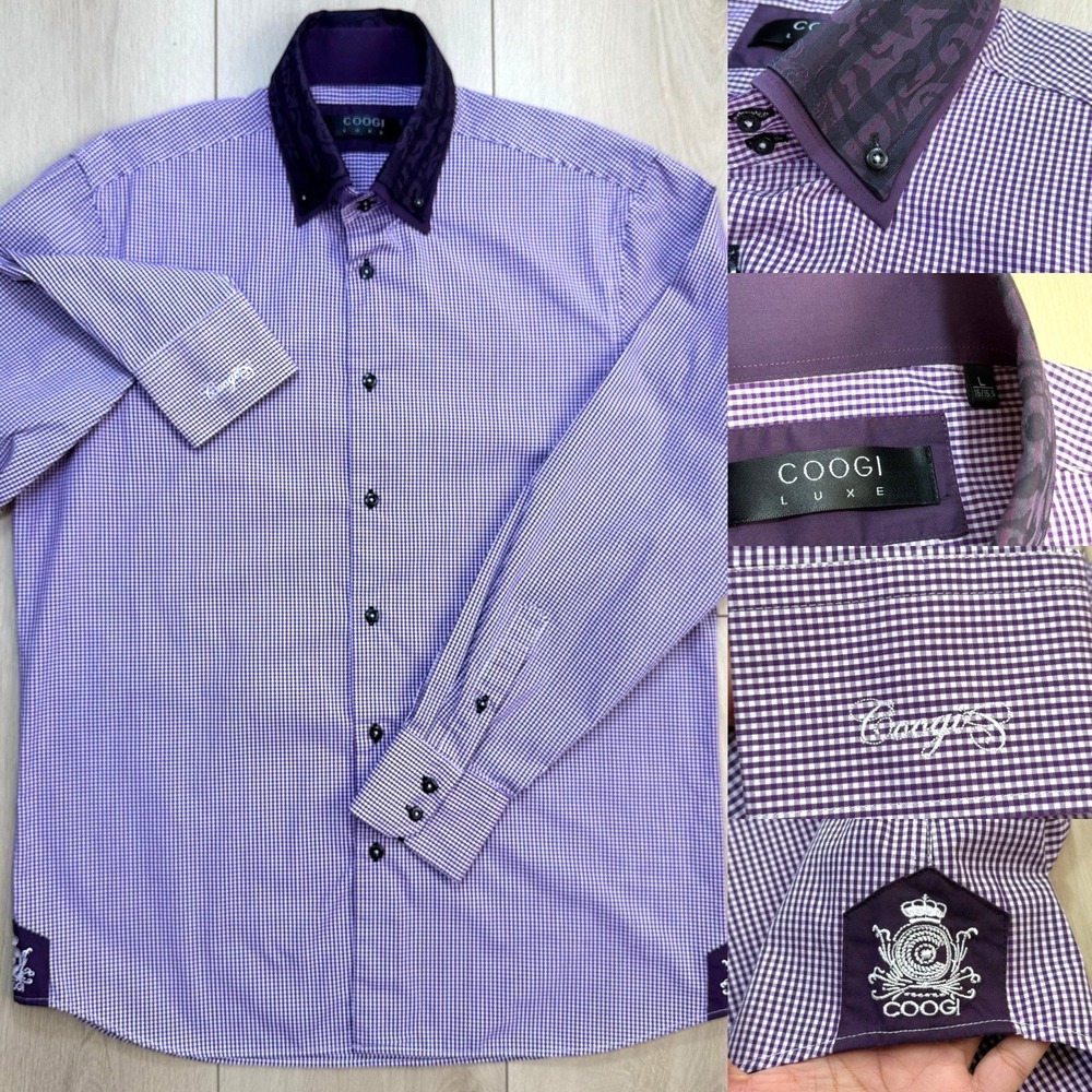 Y2K Coogi Luxe Purple Gingham Preppy Button Down Shirt Men's Large Crest Trim